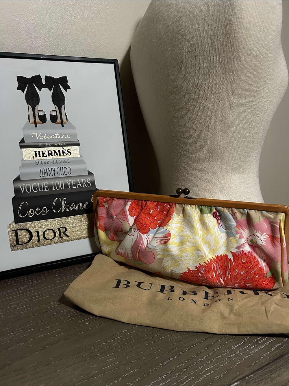 Burberry Floral Frame Clutch, Pink, Coral, Yellow, NWT Vintage Original Dust Bag